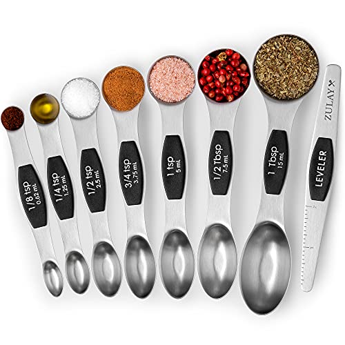 Zulay Kitchen Stackable Magnetic Spoons Set of 8 - Dual Sided Magnetic Measuring Spoons Set Fits In Spice Jars - Stainless Steel Measuring Spoons Magnetic For Dry and Liquid Ingredients (Black)