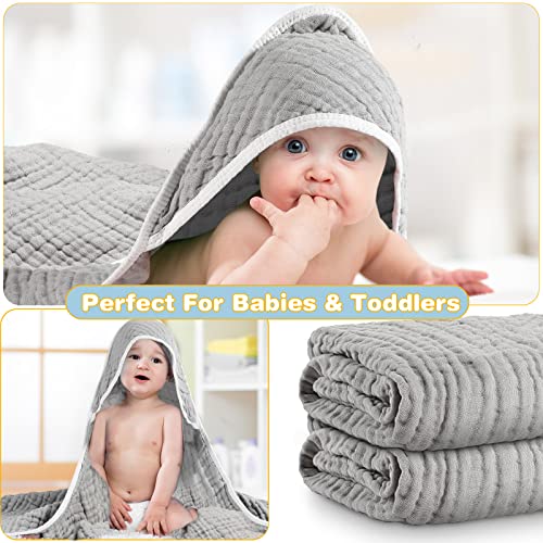Muslin Cotton Hooded Baby Bath Towel Sets Large 32 x 32 Inch Soft Unisex Bath Towels Bulk for Babies, Toddler, Infant, Newborn, Baby Gifts for Girl Boy (Light Gray, 2 Pieces) - Image 4