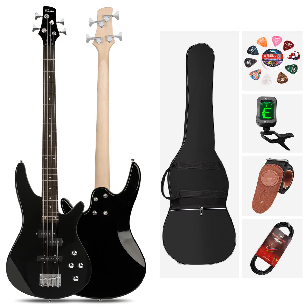 Electric Bass Guitar 4 Strings Full Size P Bass Beginner Kit Black for Starter with Gig Bag, Guitar Strap, and Guitar Cable (Black) - Image 2