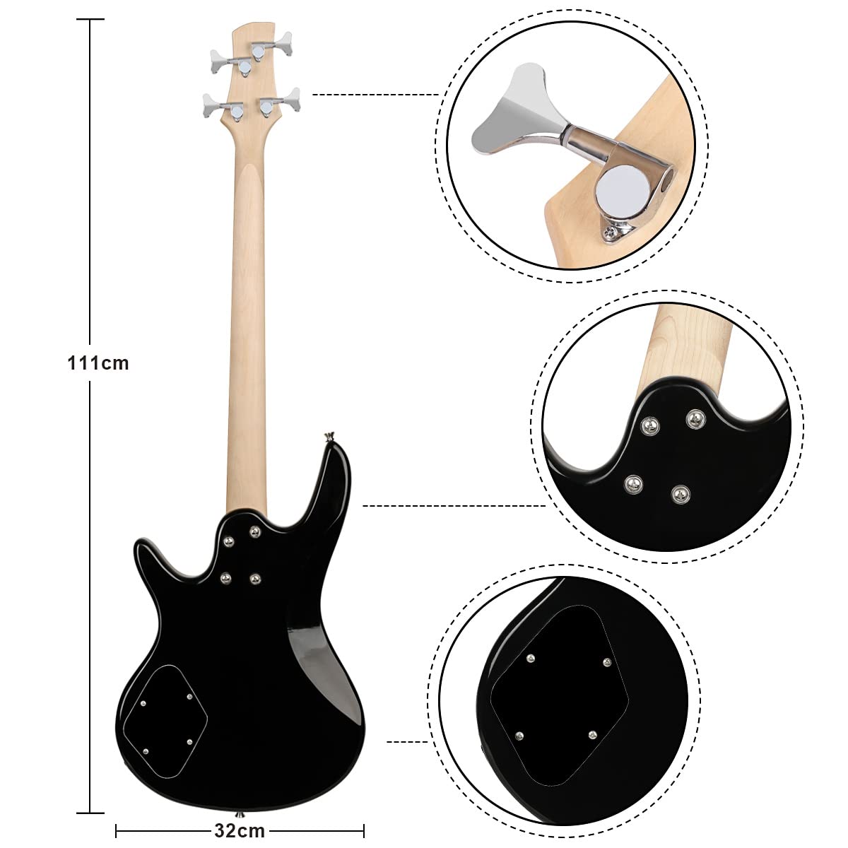 Electric Bass Guitar 4 Strings Full Size P Bass Beginner Kit Black for Starter with Gig Bag, Guitar Strap, and Guitar Cable (Black) - Image 5