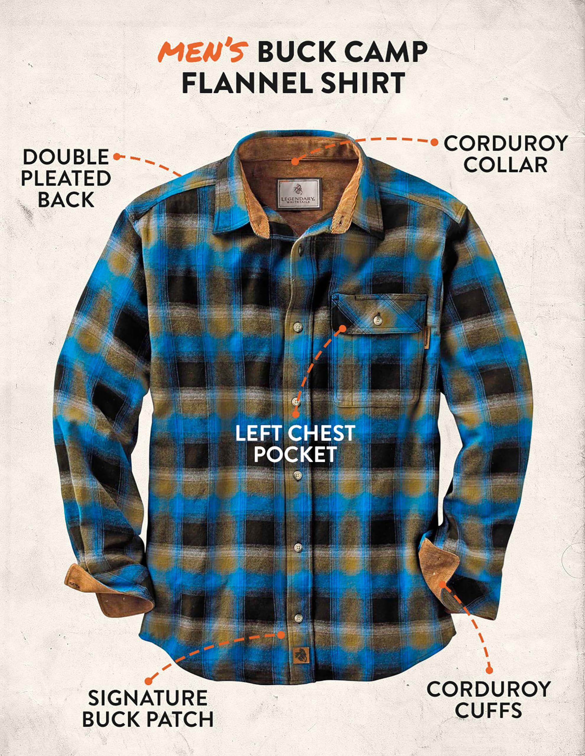 Legendary Whitetails Men's Buck Buck Camp Flannel Shirt, Long Sleeve Plaid Button Down Casual Shirt for Men, with Corduroy Cuffs, Fall & Winter Clothing, Cobalt Plaid, X-Large - Image 3